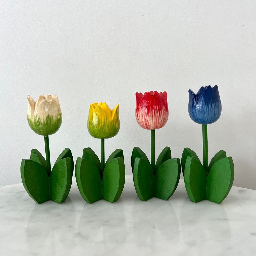 Vintage Handcrafted Wooden Tulip Decorations / Set of 4